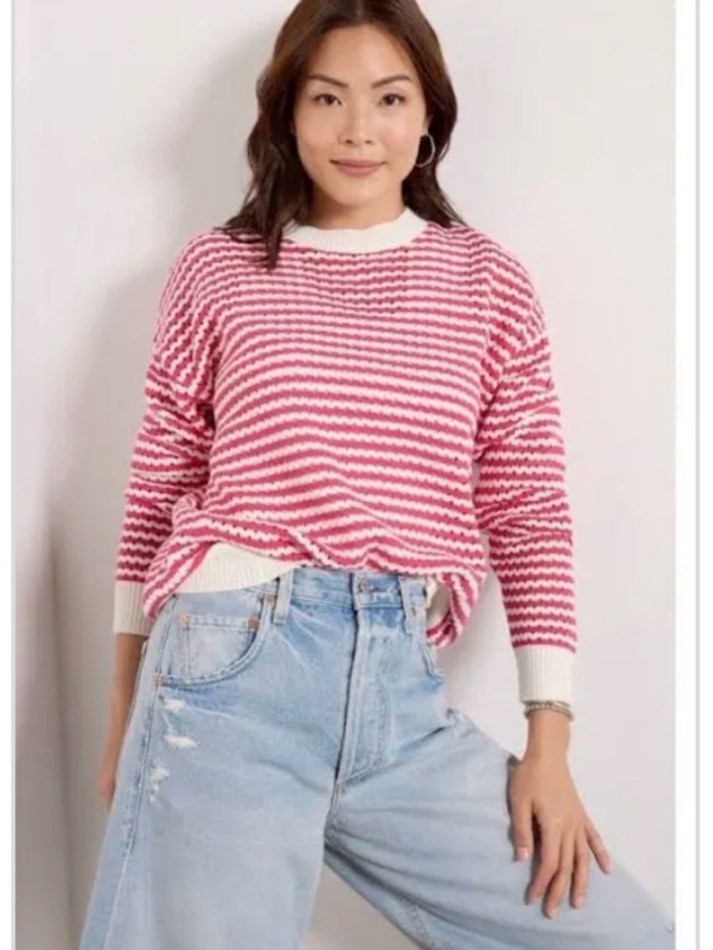 Spiritual Gangster Pink & White Striped Crewneck crochet Sweater